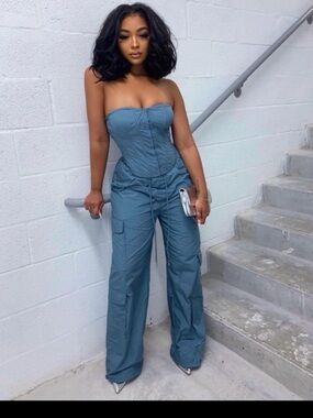 NWT Fashion Nova Strapless Bustier Top & Parachute Cargo Pant Set